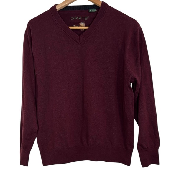 Orvis Men’s Burgundy Merino Wool Pullover Sweater Long Sleeve V-neck Size L - Picture 1 of 10